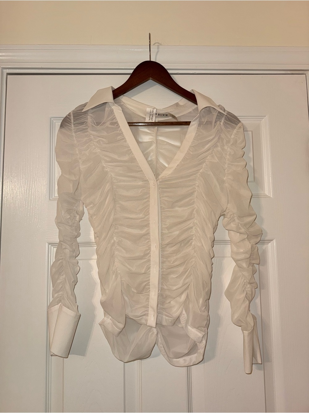 Alice + Olivia White Sheer Ruffle Button-Up Blouse